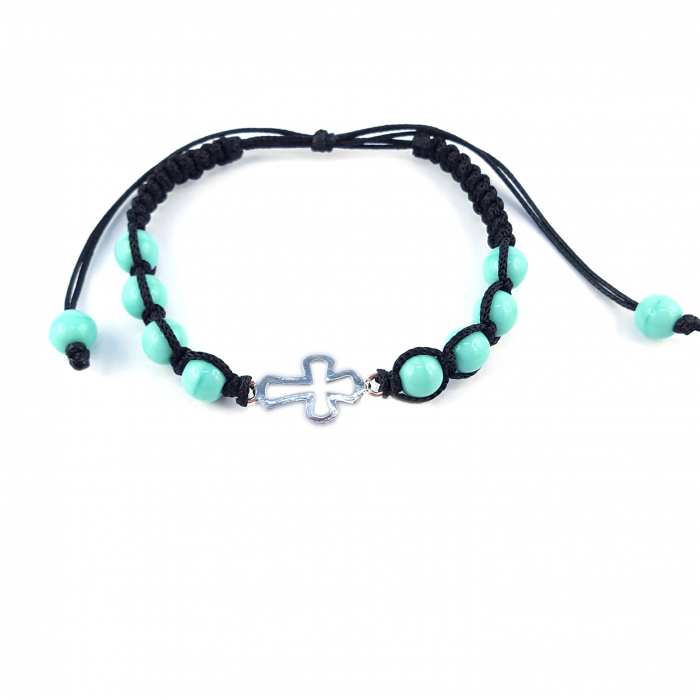 Bratara snur negru impletit manual personalizata cruciulita argint margele turcoaz sticla Bohemia reglabila 4521070 Dras [1]