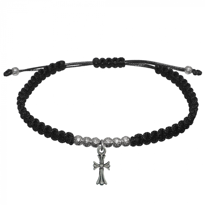 Bratara snur negru impletit manual personalizata Cruciulita si margele argint 9970260 Dras [1]