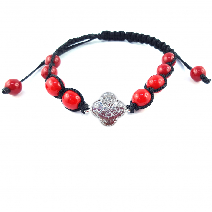 Bratara snur negru impletit manual personalizata medalion Maica Domnului argint margele rosii sticla Bohemia reglabila 4215160 Dras [1]
