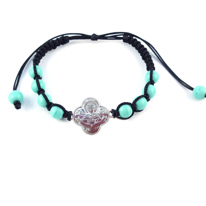 Bratara snur negru impletit manual personalizata medalion Maica Domnului argint margele turcoaz sticla Bohemia reglabila 4215160 Dras [1]