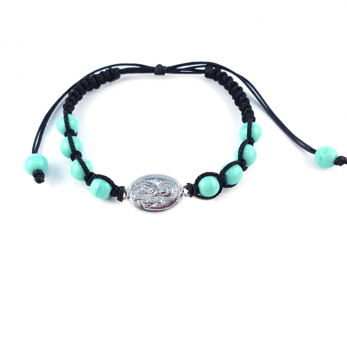 Bratara snur negru impletit manual personalizata medalion Maica Domnului pruncul Iisus argint margele turcoaz sticla Bohemia reglabila 4252150 Dras [1]