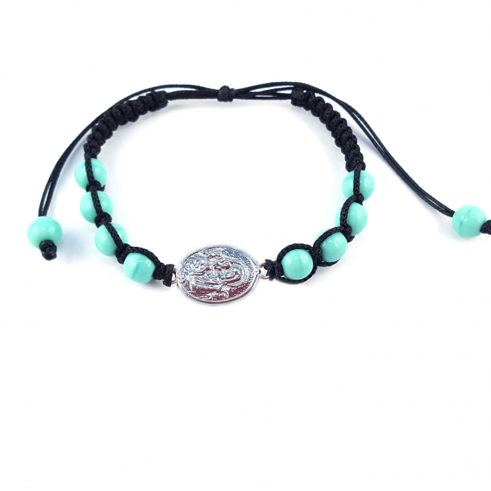 Bratara snur negru impletit manual personalizata medalion Maica Domnului pruncul Iisus argint margele turcoaz sticla Bohemia reglabila 4372150 Dras [1]
