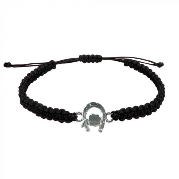 Bratara snur negru impletit manual personalizata Potcoava personalizata trifoi argint 4535100 Dras [1]