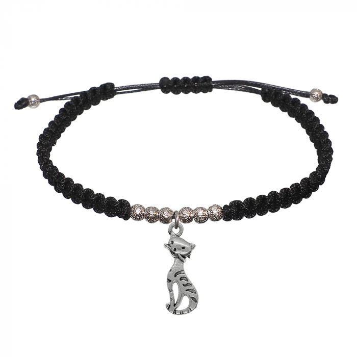 Bratara snur negru impletita manual personalizata Pisica argint 9678280 Dras [1]