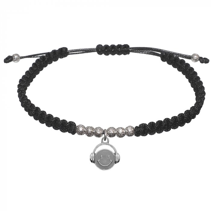 Bratara snur negru impletita manual personalizata Smiley cu casti margele argint 10065410 Dras [1]