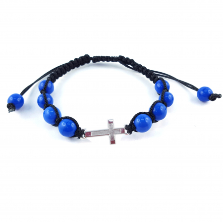 Cu tematica religioasa - Bratara snur negru impletit manual personalizata cruciulita argint margele albastre sticla Bohemia reglabila 4108190 Dras