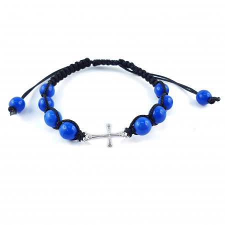 Cu tematica religioasa - Bratara snur negru impletit manual personalizata cruciulita argint margele albastre sticla Bohemia reglabila 4232100 Dras
