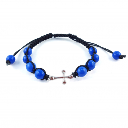 Cu tematica religioasa - Bratara snur negru impletit manual personalizata cruciulita argint margele albastre sticla Bohemia reglabila 4502070 Dras