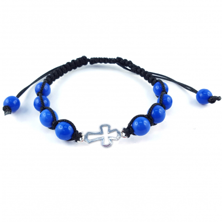 Cu tematica religioasa - Bratara snur negru impletit manual personalizata cruciulita argint margele albastre sticla Bohemia reglabila 4521070 Dras
