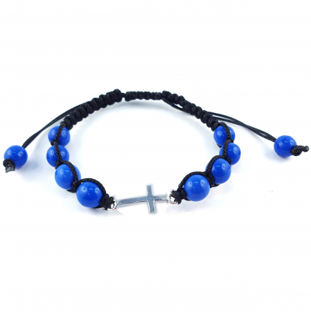 Cu tematica religioasa - Bratara snur negru impletit manual personalizata cruciulita argint margele albastre sticla Bohemia reglabila 9354060 Dras