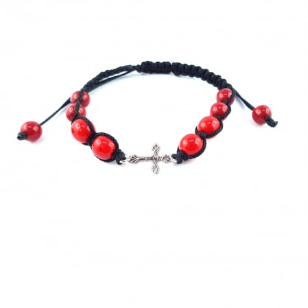 Cu tematica religioasa - Bratara snur negru impletit manual personalizata cruciulita argint margele rosii sticla Bohemia reglabila 4221060 Dras