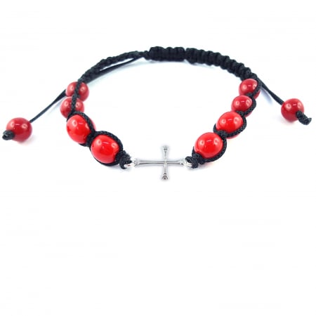 Cu tematica religioasa - Bratara snur negru impletit manual personalizata cruciulita argint margele rosii sticla Bohemia reglabila 4232100 Dras