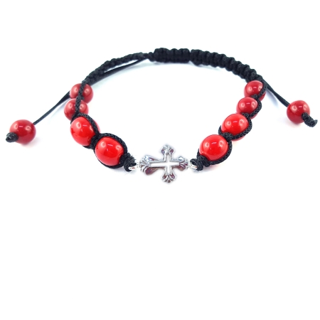 Cu tematica religioasa - Bratara snur negru impletit manual personalizata cruciulita argint margele rosii sticla Bohemia reglabila 4488065 Dras