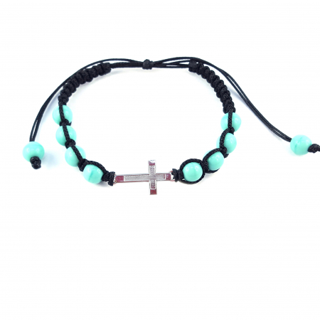 Bratari din snur impletit manual cu obiecte din argint si margele: - Bratara snur negru impletit manual personalizata cruciulita argint margele turcoaz sticla Bohemia reglabila 4108190 Dras
