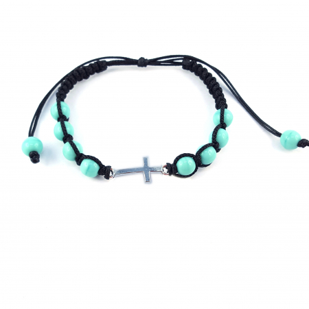 Bratari din snur impletit manual cu obiecte din argint si margele: - Bratara snur negru impletit manual personalizata cruciulita argint margele turcoaz sticla Bohemia reglabila 9354060 Dras