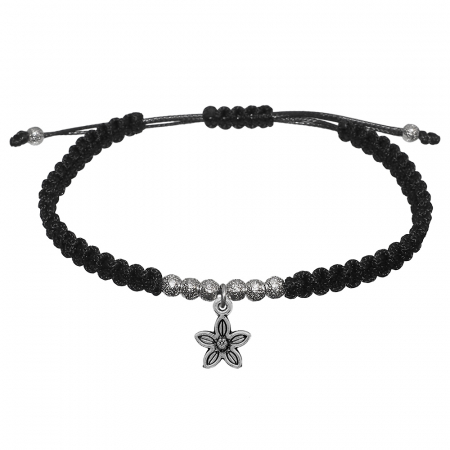 Bratari din snur impletit manual cu obiecte din argint si margele: - Bratara snur negru impletit manual personalizata Floare si margele argint 9882260 Dras