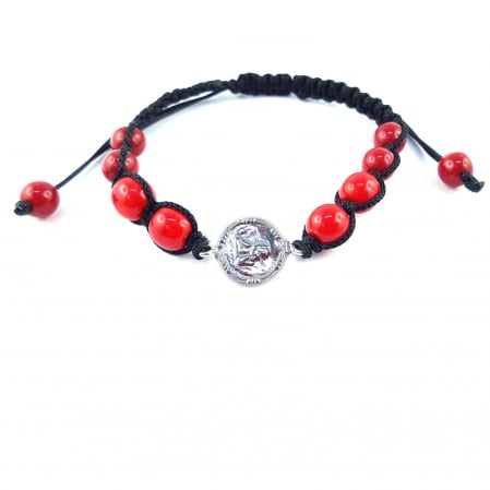 Cu tematica religioasa - Bratara snur negru impletit manual personalizata Ingeras argint margele rosii sticla Bohemia reglabila 4360150 Dras