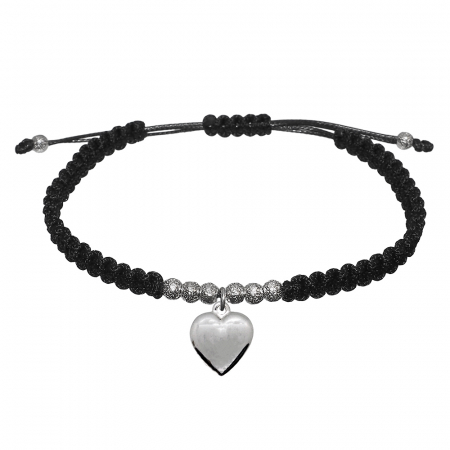 Bratari din snur impletit manual cu obiecte din argint si margele: - Bratara snur negru impletit manual personalizata Inimioara si margele argint 6777390 Dras