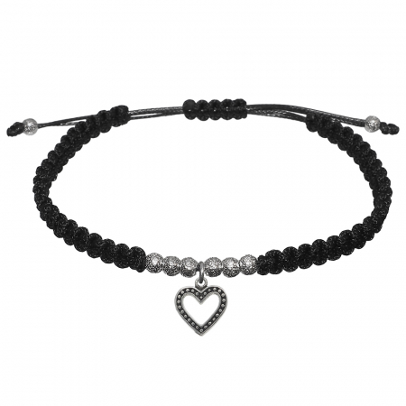 Bratari din snur impletit manual cu obiecte din argint si margele: - Bratara snur negru impletit manual personalizata Inimioara si margele argint 9565300 Dras