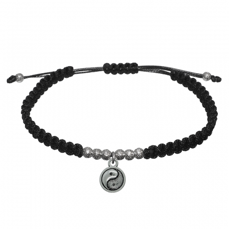 Bratari din snur impletit manual cu obiecte din argint si margele: - Bratara snur negru impletit manual personalizata Yin Yang si margele argint 10024280 Dras