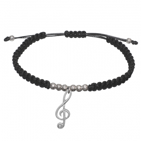 Cu tematica muzicala - Bratara snur negru impletita manual personalizata Cheia sol margele argint 10124330 Dras