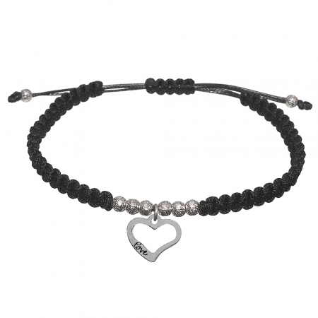 Bratari din snur impletit manual cu obiecte din argint si margele: - Bratara snur negru impletita manual personalizata Inimioara margele argint 10110260 Dras