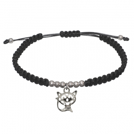 Cu animale - Bratara snur negru impletita manual personalizata Pisica margele argint 10169290 Dras