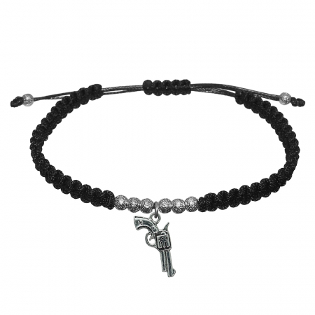 Bratari din snur impletit manual cu obiecte din argint si margele: - Bratara snur negru impletita manual personalizata Pistol margele argint 10131350 Dras