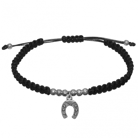 Cu talismane - Bratara snur negru impletita manual personalizata Potcoava margele argint 10132260 Dras