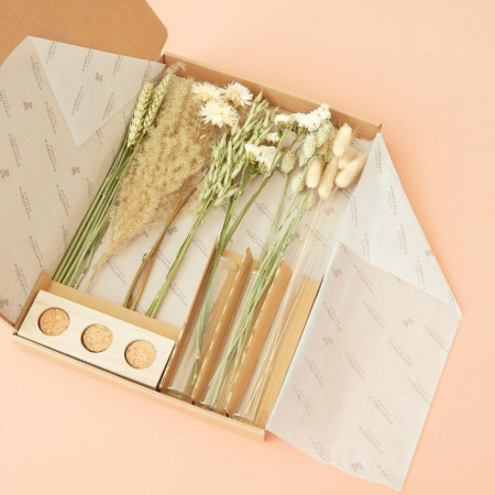 Flori Uscate - Set flori uscate, 3 vaze si suport din lemn - Natural