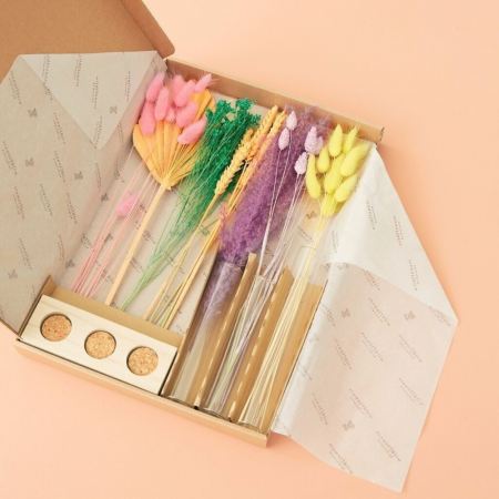 Flori Uscate - Set flori uscate, 3 vaze si suport din lemn - Pastel