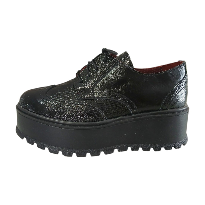 Pantofi Dama cu Siret din Piele Naturală cu Talpă Platformă de 6 cm - Negru Texturat [2]