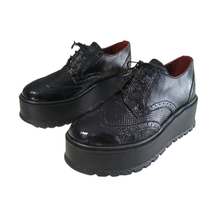 Pantofi Dama cu Siret din Piele Naturală cu Talpă Platformă de 6 cm - Negru Texturat [3]