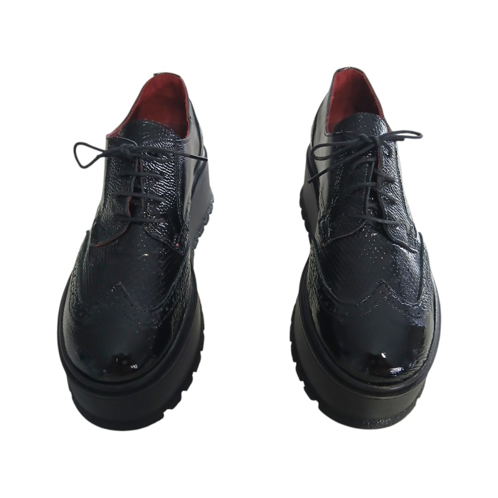 Pantofi Dama cu Siret din Piele Naturală cu Talpă Platformă de 6 cm - Negru Texturat [4]