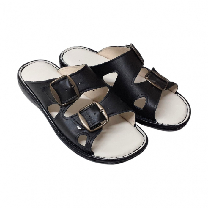 Papuci femei piele cu catarame 729 negru [2]