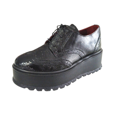Pantofi Dama din Piele Naturala - Pantofi Dama cu Siret din Piele Naturală cu Talpă Platformă de 6 cm - Negru Texturat