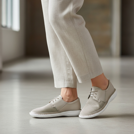 Pantofi Damă din Piele și Material Elastic-9100 Crem [1]