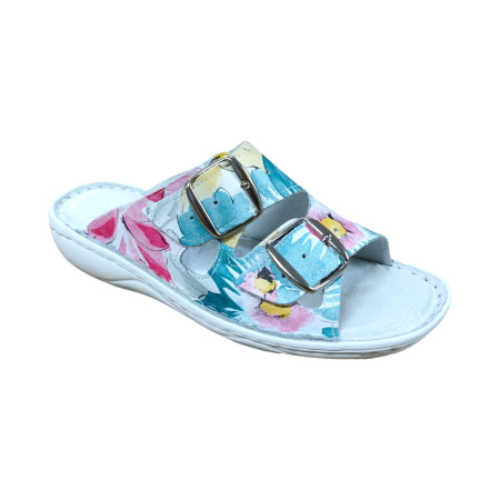 Papuci Dama din Piele Naturală - Papuci damă din piele cu catarame și imprimeu floral-729