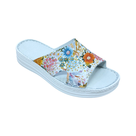 Papuci Dama din Piele Naturală - Papuci damă din piele naturală cu imprimeu floral Margaret