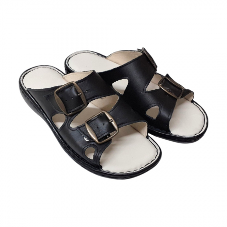 Papuci femei piele cu catarame 729 negru [1]