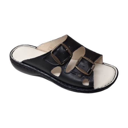Papuci femei din piele naturală - Papuci femei piele cu catarame 729 negru