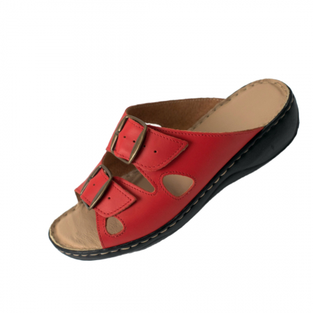 Papuci femei din piele naturală - Papuci femei piele cu catarame 729 rosu