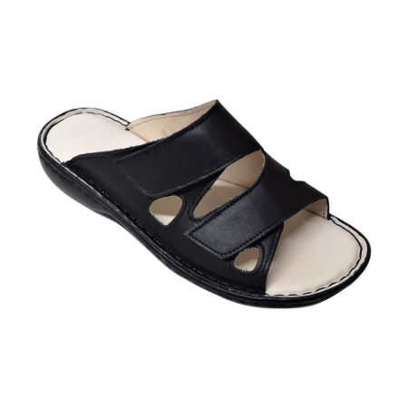 Papuci femei din piele naturală - Papuci femei piele cu velcro 730 negru