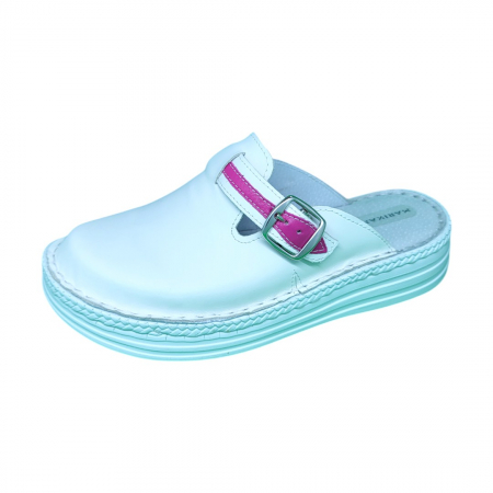 Saboti  Dama din piele hand made - Saboti femei piele naturala 4080 alb-fucsia