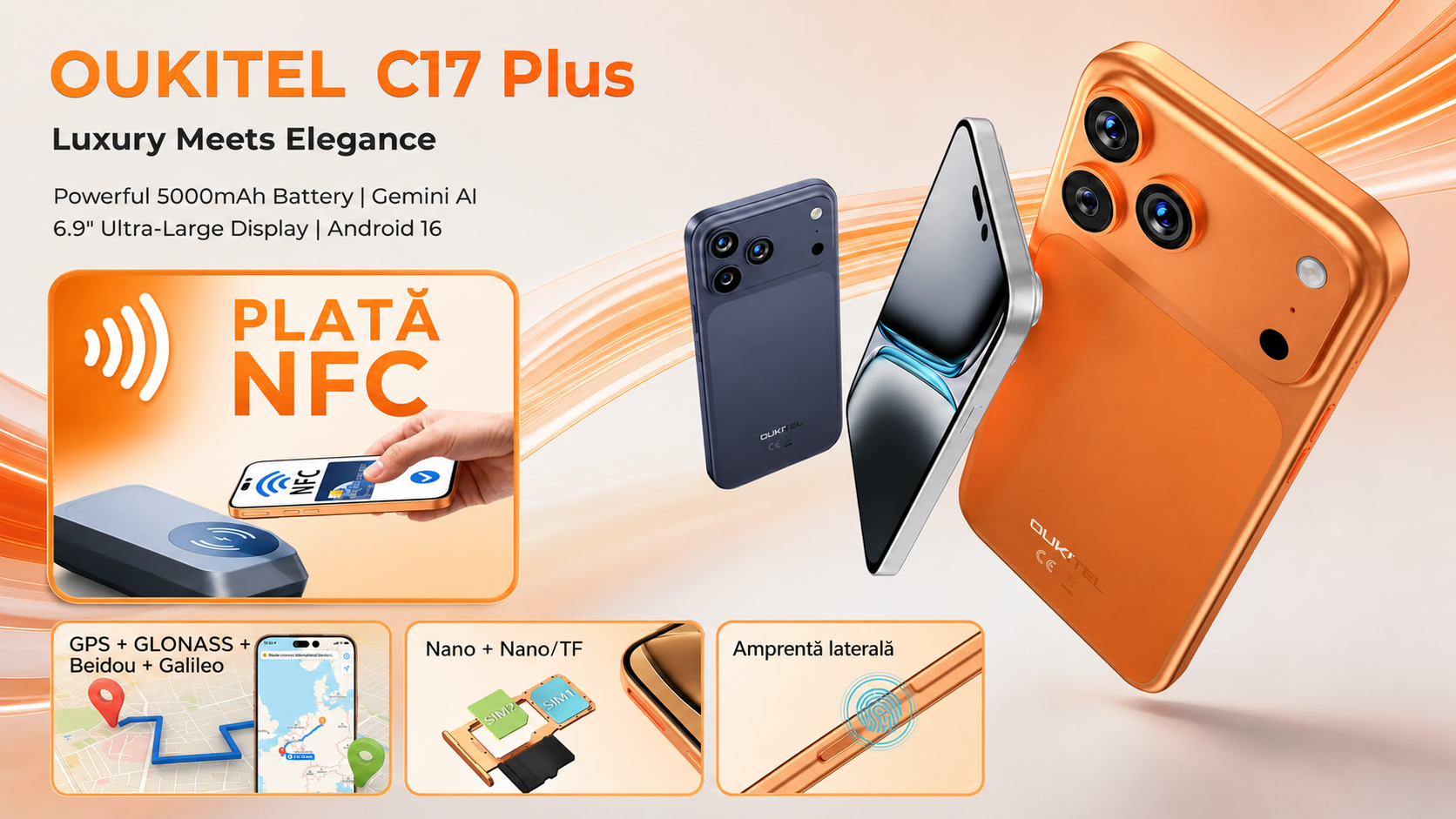 OUKITEL C17 Plus a ajuns în România: plăți prin NFC, ecran de 120Hz și trei culori spectaculoase