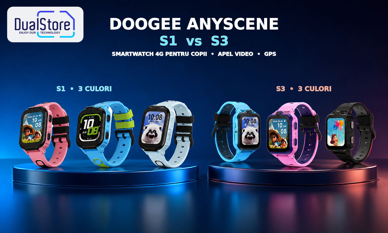 DOOGEE Anyscene S1 vs S3: ce smartwatch 4G pentru copii alegi? Comparație completă, funcții și culori