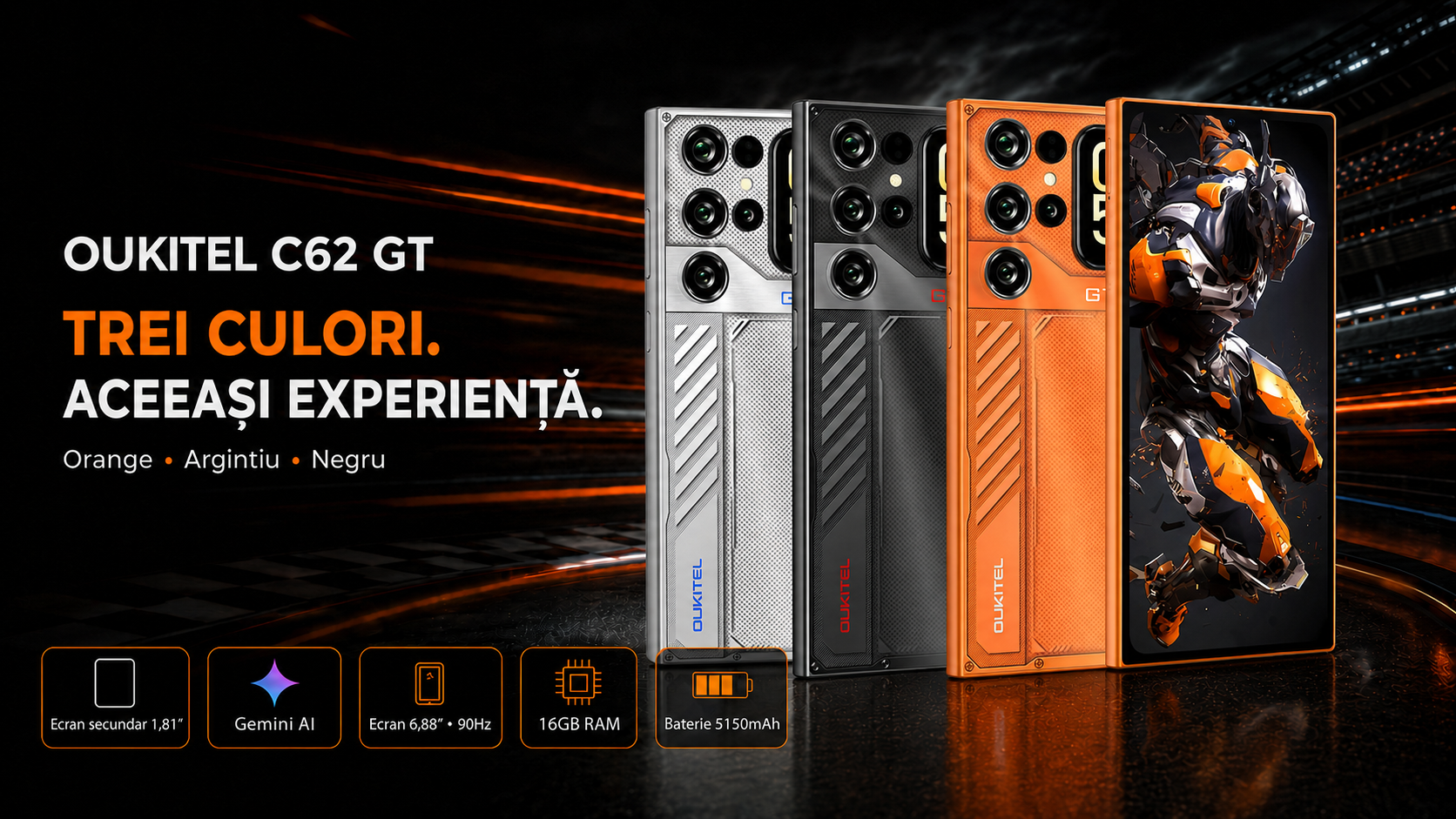 OUKITEL C62 GT – smartphone-ul cu două ecrane, Gemini AI și design spectaculos în trei culori
