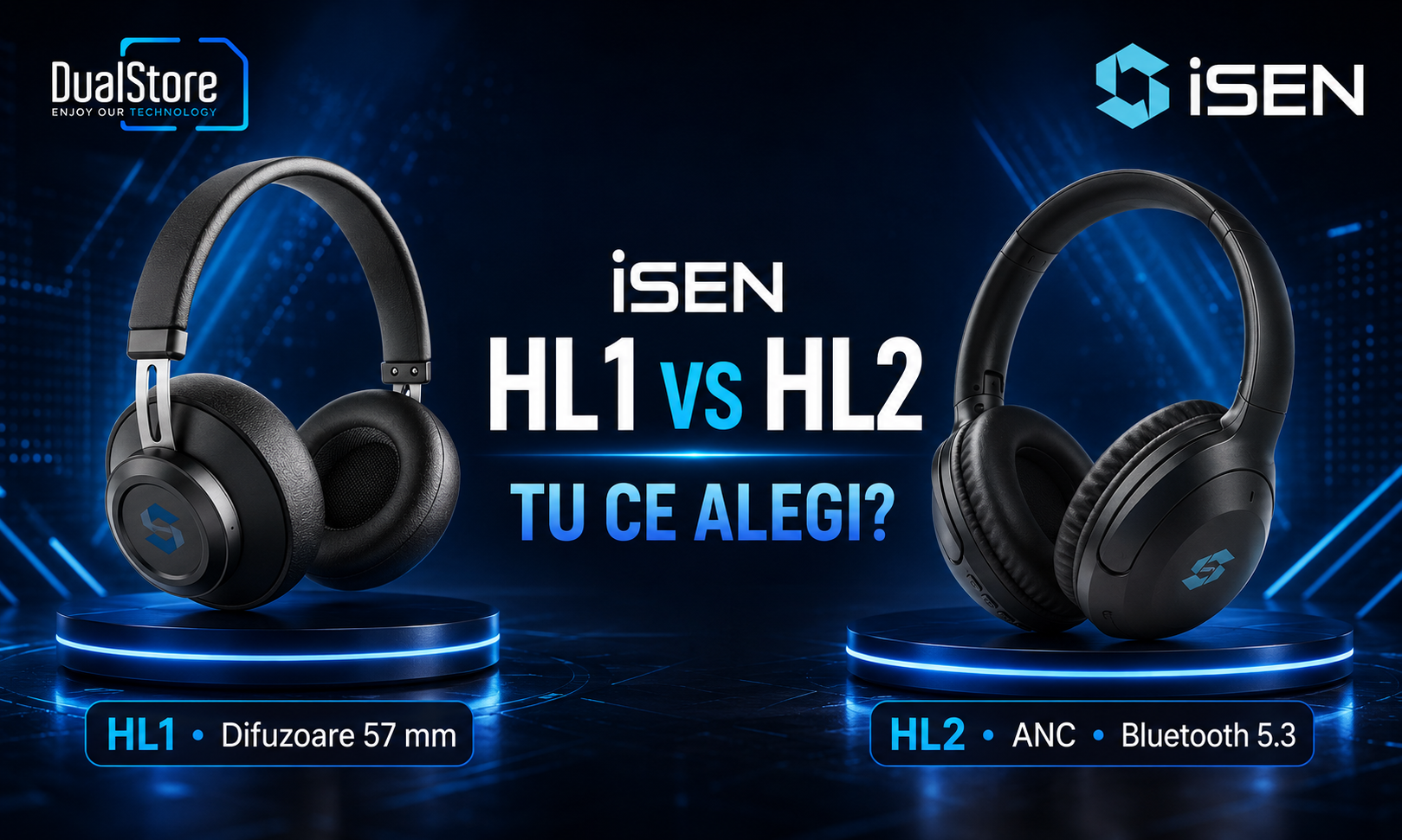 Căștile iSEN HL1 vs HL2: difuzoare de 57 mm sau ANC și Bluetooth 5.3? Tu ce alegi?