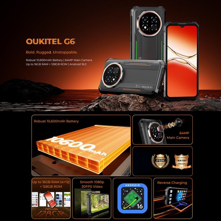 [HK Warehouse] Oukitel G6 Rugged Phone, 4GB+128GB, Fingerprint Identification, 10600mAh Battery, 6.52 inch Android 16.0 Unisoc T615 Octa Core, NFC, OTG, Network: 4G (Black) - B1