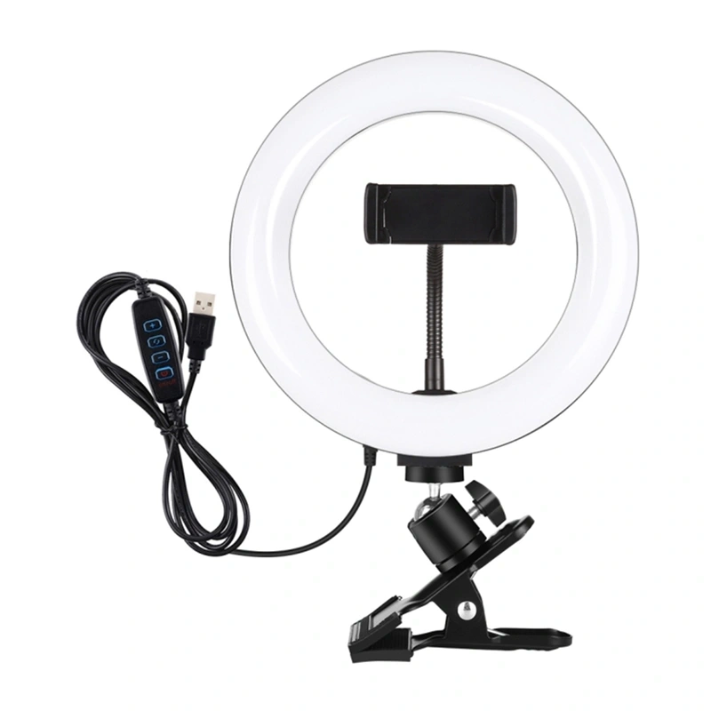 Gadgets - Lampa inelara Puluz de 20 cm pentru vlogging, cu clema pentru monitor, suport pentru telefon si reglare a temperaturii culorii (negru)